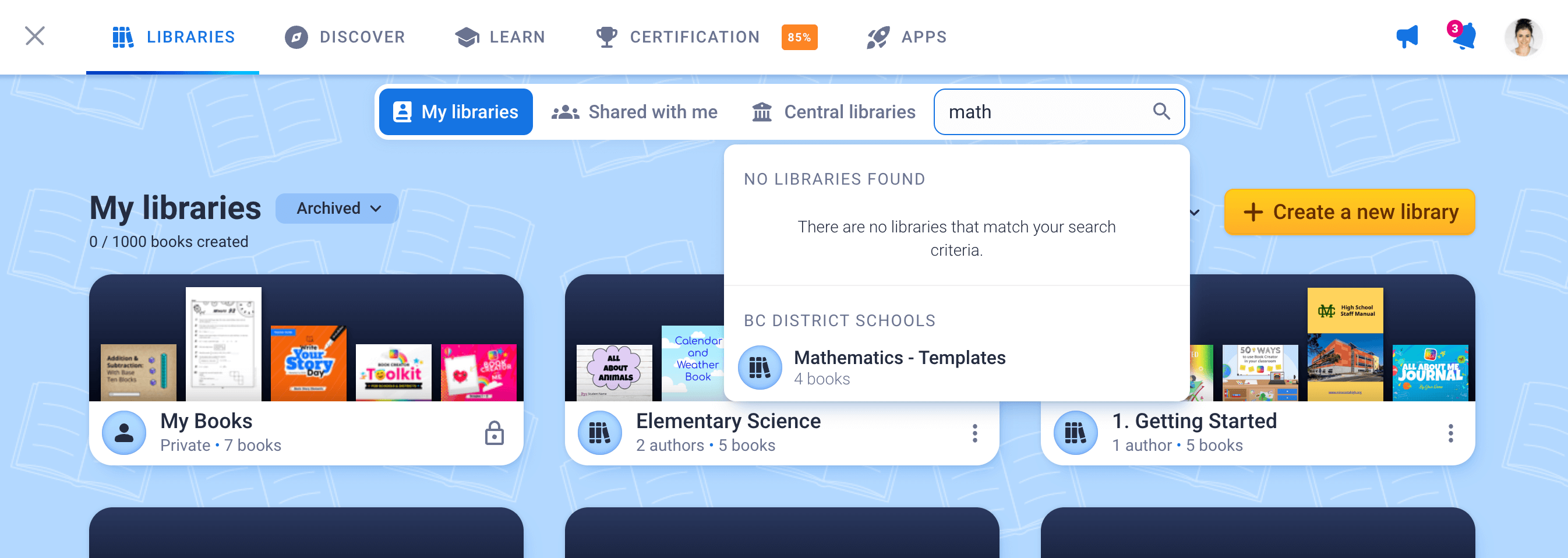Screenshot of the Book Creator dashboard with a search for “math” in the library navigation bar. The message “No libraries found” is shown above a Central Library result titled “Mathematics - Templates.”