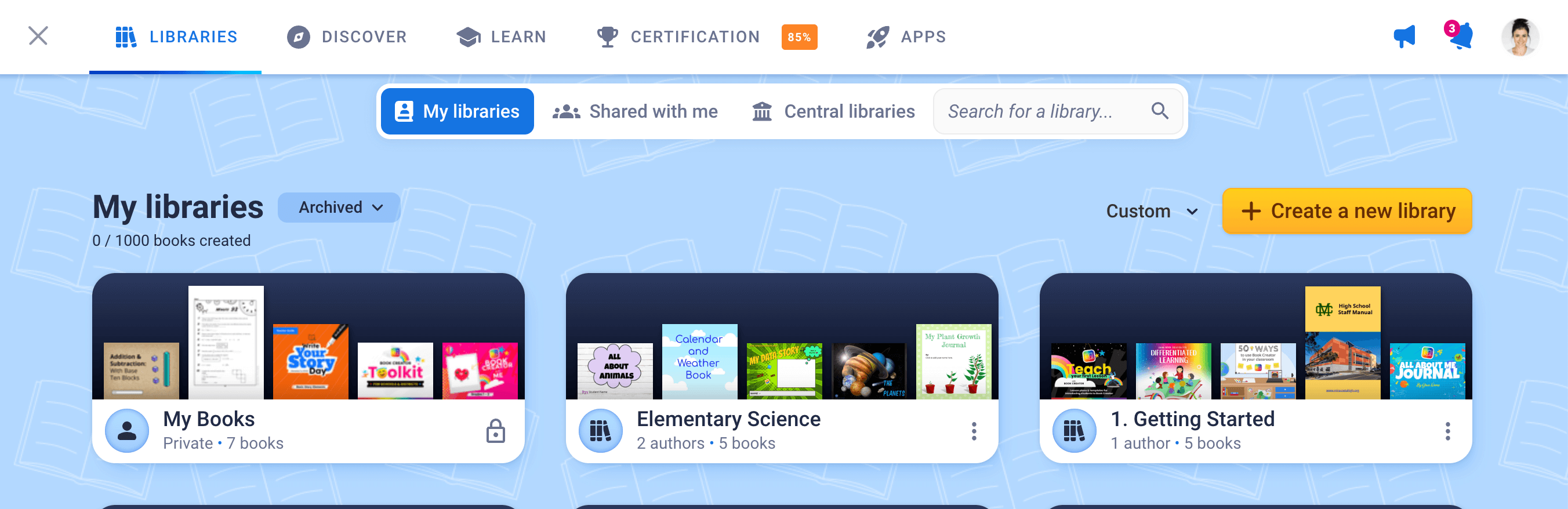 Screenshot of the updated Book Creator dashboard showing three library sections: "My Books," "Elementary Science," and "1. Getting Started." The navigation bar includes tabs for My Libraries, Shared with Me, and Central Libraries, along with a new search bar and a “Create a new library” button.