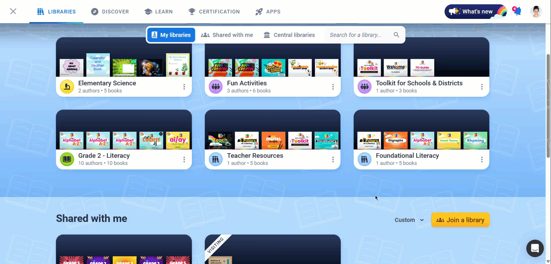 A screen recording shows a user hovering over the three-dot menu on a Book Creator library tile, then selecting the "Settings" option and publishing the library—all from the teacher dashboard without opening the library.