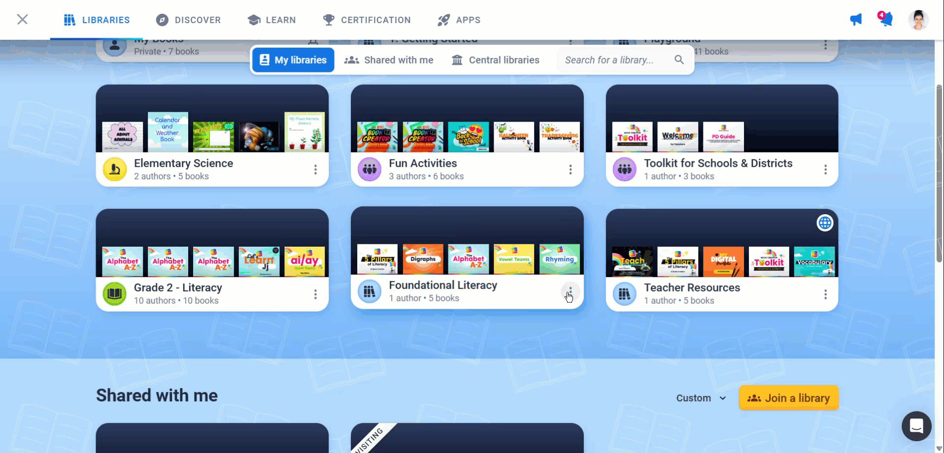 A screen recording shows a user clicking the three-dot menu on a library tile in Book Creator and selecting “Settings” to open the library settings panel—without needing to enter the library.