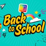 A vibrant "Back to School" graphic on a teal background with a rainbow, stars, an emoji, and the Book Creator logo.