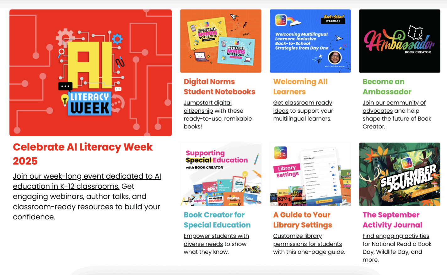 A September newsletter spread from "Tech Notes" showcasing seven different educational resources, including AI Literacy Week, student notebooks, and activity journals.