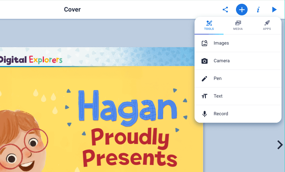 Book Creator app menu showing multimodal options