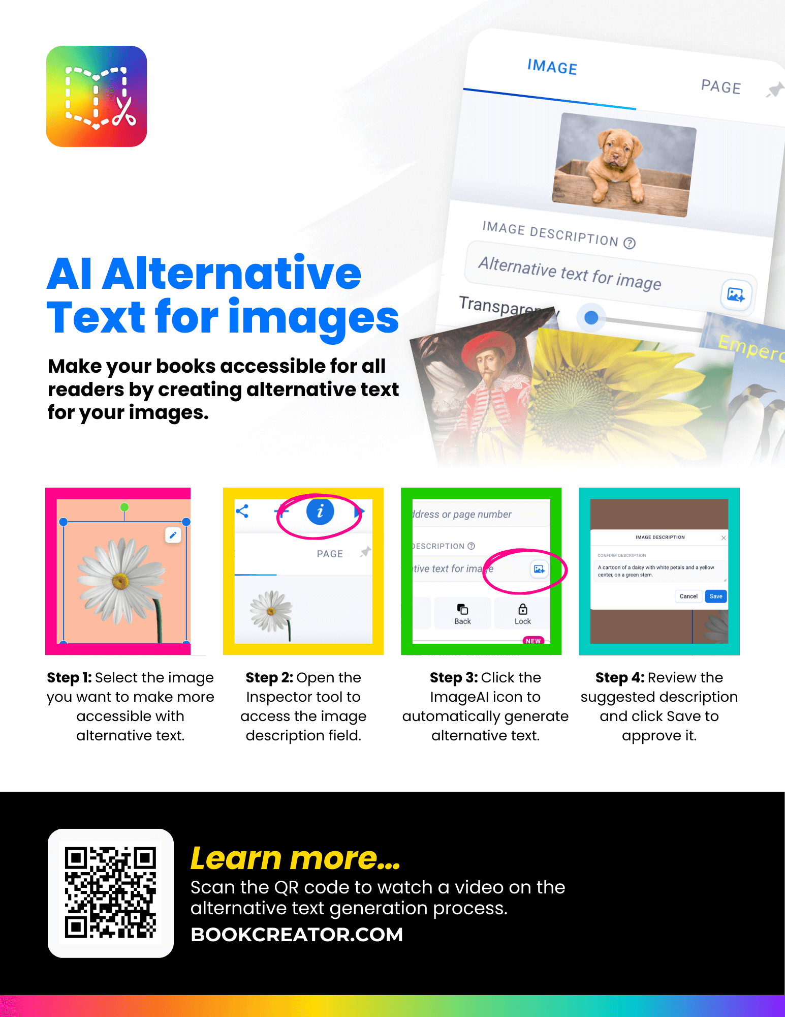 A one-page flyer with the title "AI Alternative Text for images" and a subtitle that reads, "Make your books accessible for all readers by creating alternative text for your images." The top of the flyer shows an open book on a desk with a laptop displaying a page with an image description field for a puppy.
