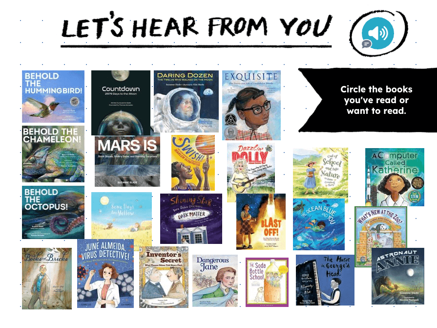 Collage of children’s book covers with the heading ‘Let’s Hear From You.’ Students are invited to circle the books they have read or want to read. Titles include Behold the Hummingbird!, Countdown 2979 Days to the Moon, Daring Dozen, Exquisite, Mars Is, Swish!, Dazzlin’ Dolly, A Computer Called Katherine, Some Days Are Yellow, Blast Off!, Ocean Blue, The Music in George’s Head, Astronaut Annie, and others.