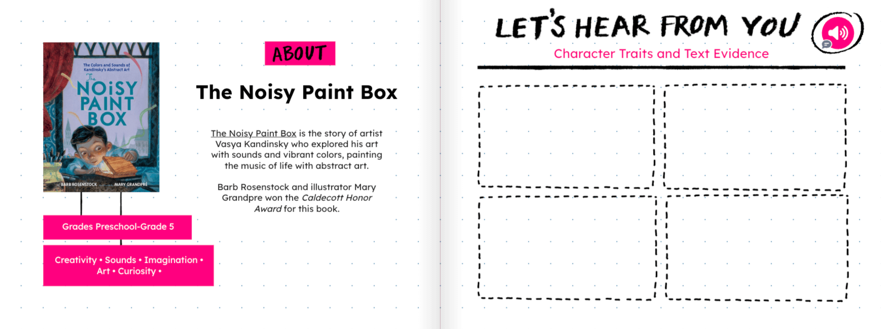 Two-page spread featuring the book The Noisy Paint Box by Barb Rosenstock and Mary Grandpré. The left page shows the book cover with labels ‘Grades Preschool–Grade 5’ and keywords ‘Creativity, Sounds, Imagination, Art, Curiosity.’ A description explains that the story is about artist Vasya Kandinsky, who explored his art with sounds and vibrant colors, and notes that the book won a Caldecott Honor Award. The right page, titled ‘Let’s Hear From You: Character Traits and Text Evidence,’ has four empty dashed boxes for students to fill in.