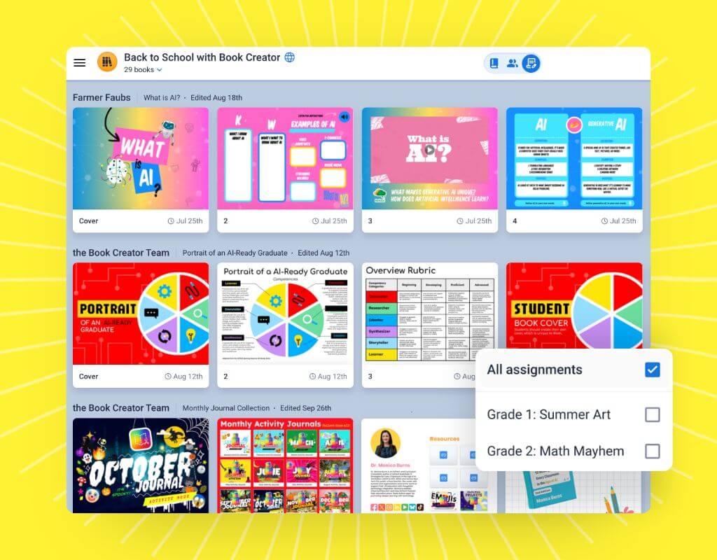 Book creator app's new class view feature, showing pages of various books laid out for assessment