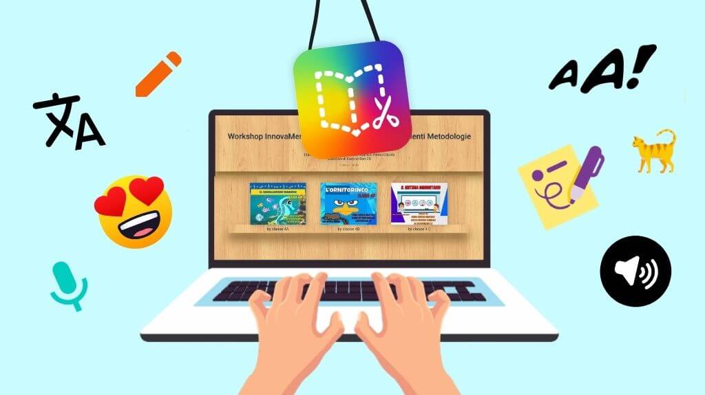 An illustration of hands typing on a laptop computer against a light blue background. The laptop screen displays a digital library interface titled "Workshop InnovaMenti" featuring three digital books created by classes 4A, 4B, and 4C. Surrounding the laptop are floating icons representing digital storytelling tools, including a microphone, a pencil, a translation symbol, a speaker, and the rainbow "Book Creator" app logo.