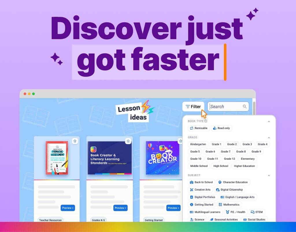 A graphic showing the new "Search" and "Filter" interface in Book Creator Discover, featuring dropdown menus for book type, grade level, and subject.