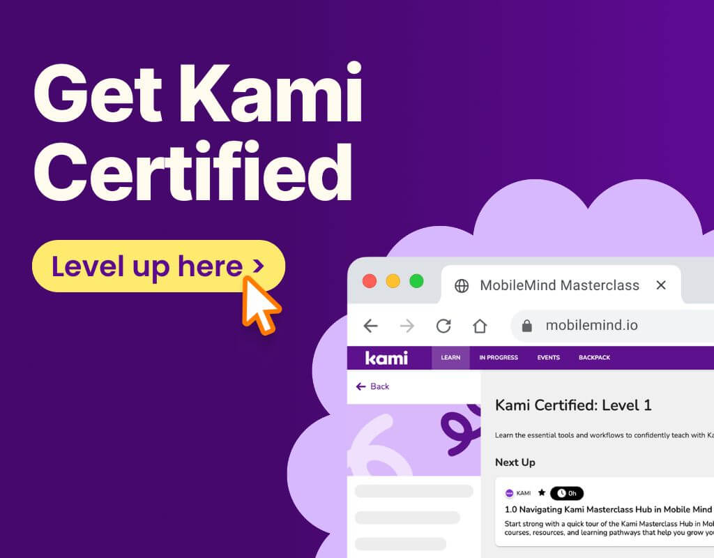 A promotional image for the Kami Masterclass Hub on MobileMind, showing a "Level up here" button and a preview of the "Kami Certified: Level 1" course.