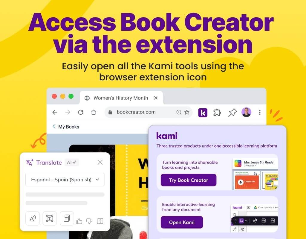 A graphic showing a browser extension menu with a button to Try Book Creator, illustrating how to access the tool directly from a browser icon.