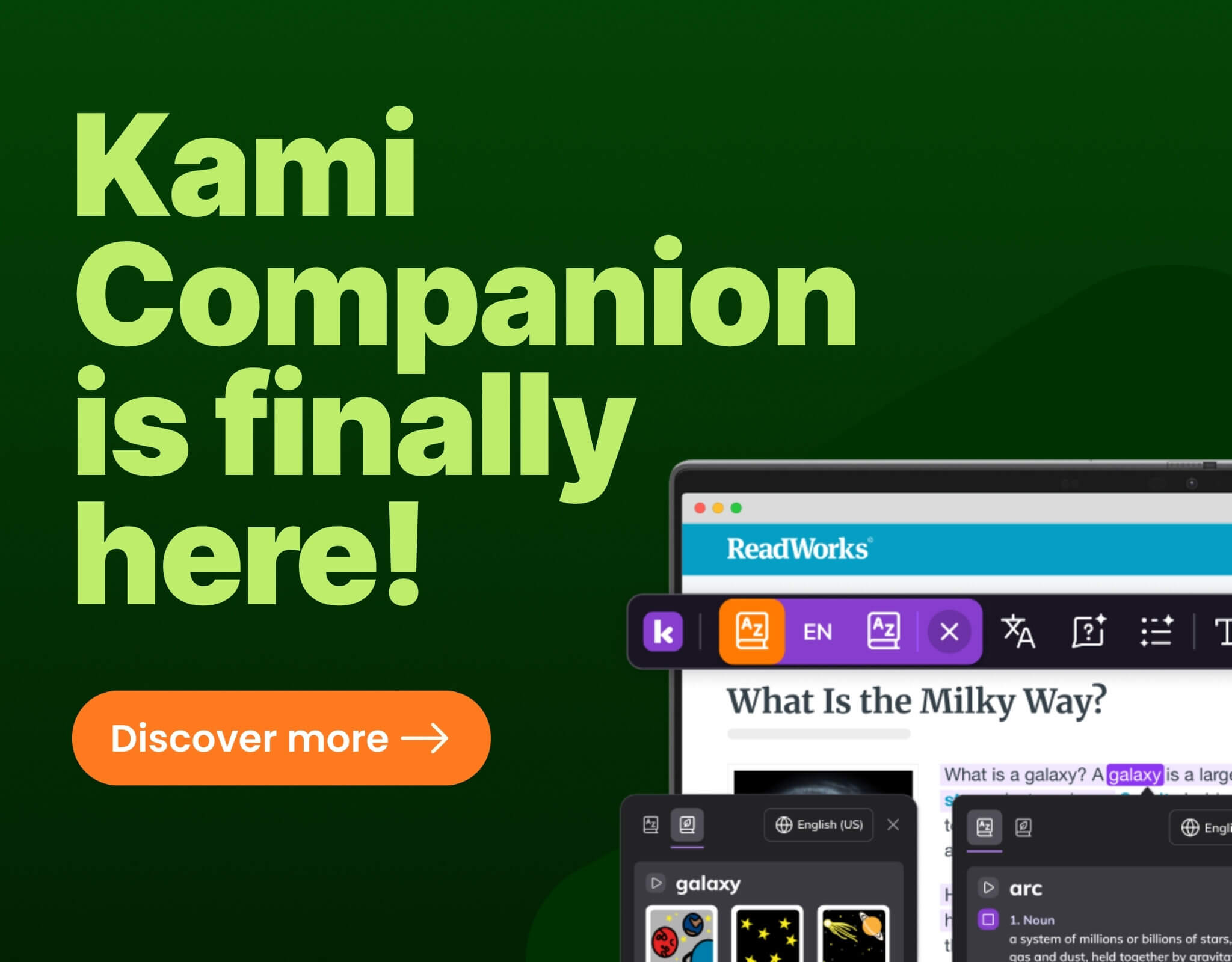 A green and black graphic with the text Kami Companion is finally here showing the toolbar's accessibility features on a laptop screen.