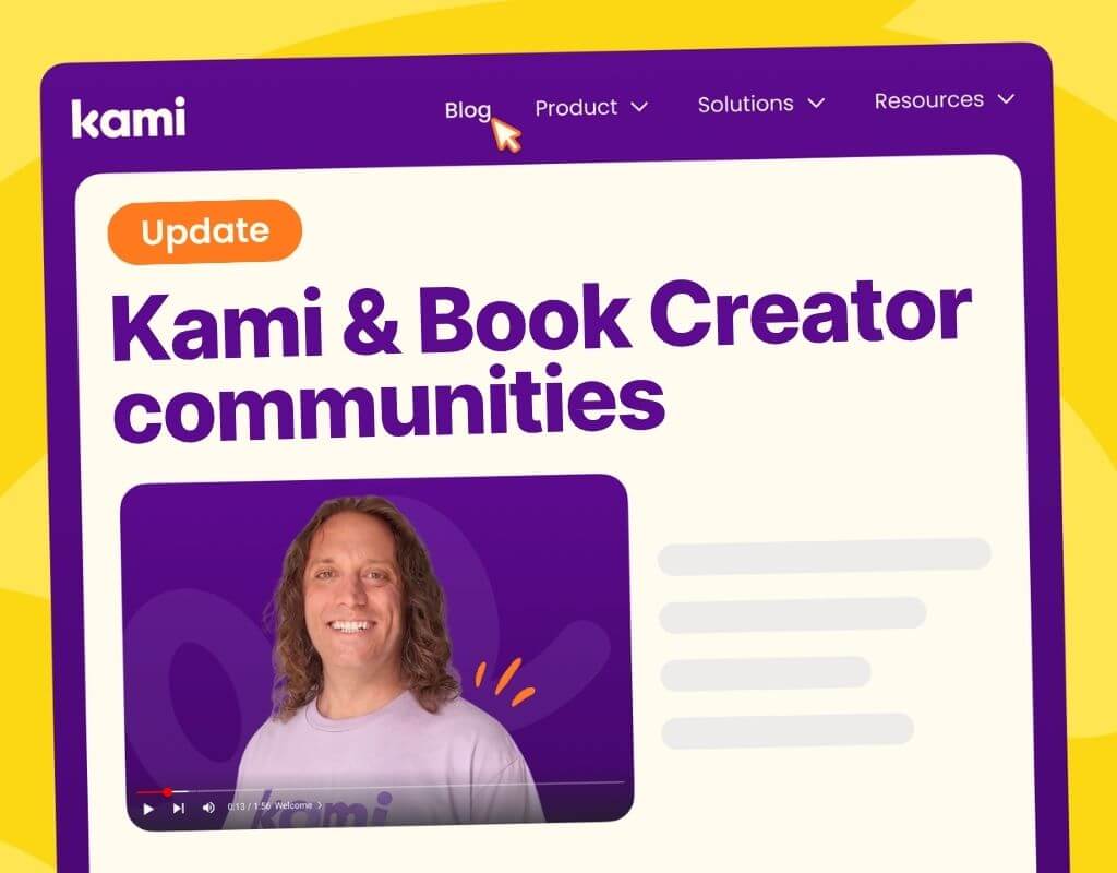 A graphic displaying a website update titled Kami & Book Creator communities featuring an embedded video of a smiling instructor in a purple shirt.