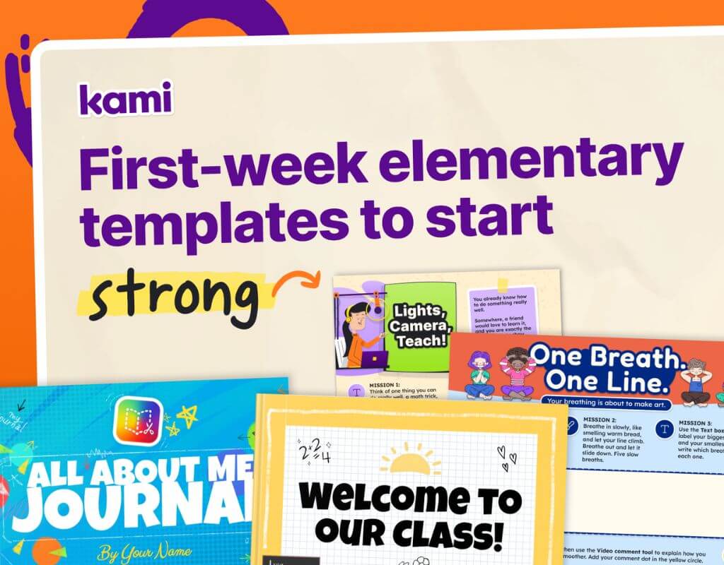 Kami graphic showing first-week elementary templates, including an All About Me journal and class activities.